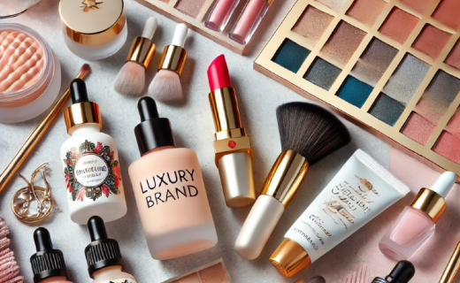 DALL·E 2025-02-25 09.29.10 - A stylish and slightly playful beauty flat lay composition featuring a mix of high-end and drugstore makeup products, skincare serums, and customizabl.png