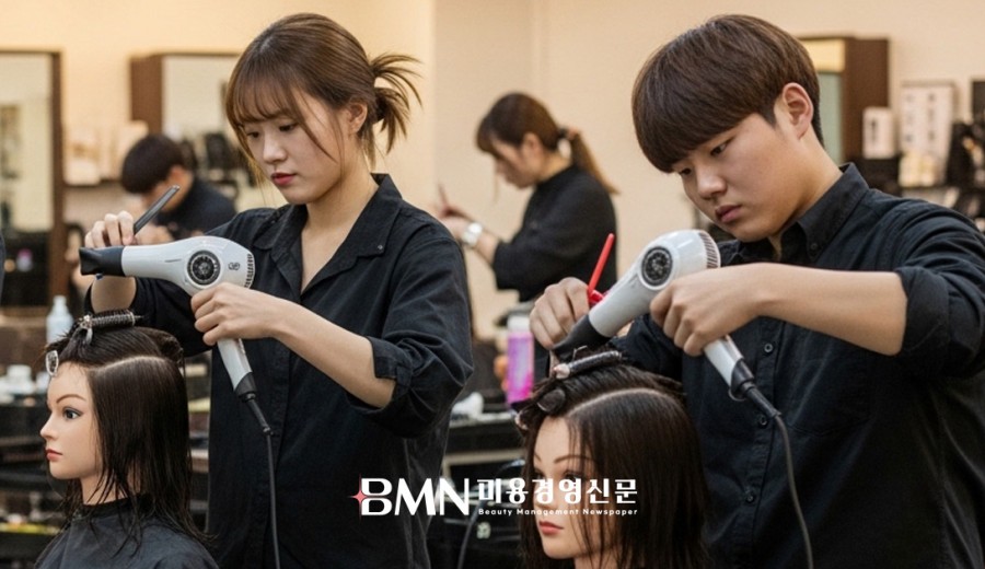 미용학과 실습 수업에서 헤어 스타일링을 배우는 학생들 모습
