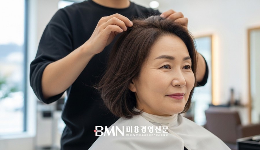 미용실에서 헤어 관리를 받고 있는 50대 한국 여성의 모습