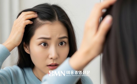 머리카락 가늘어짐 탈모 초기 가르마 변화 확인하는 여성