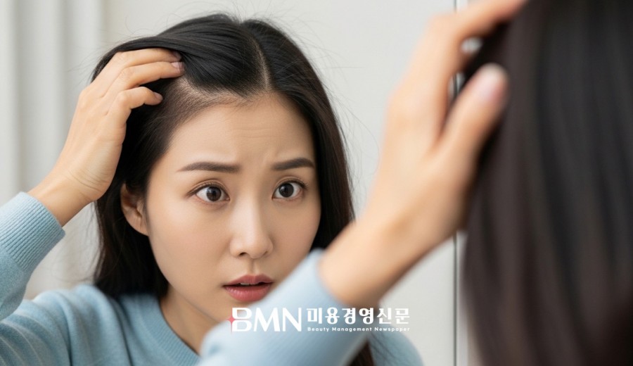머리카락 가늘어짐 탈모 초기 가르마 변화 확인하는 여성