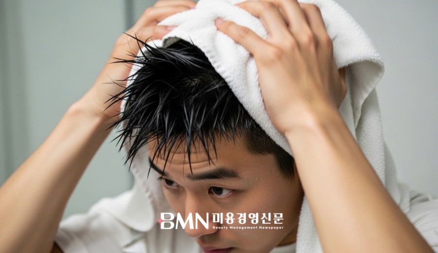 수건으로 머리를 세게 문지르는 잘못된 습관 예시