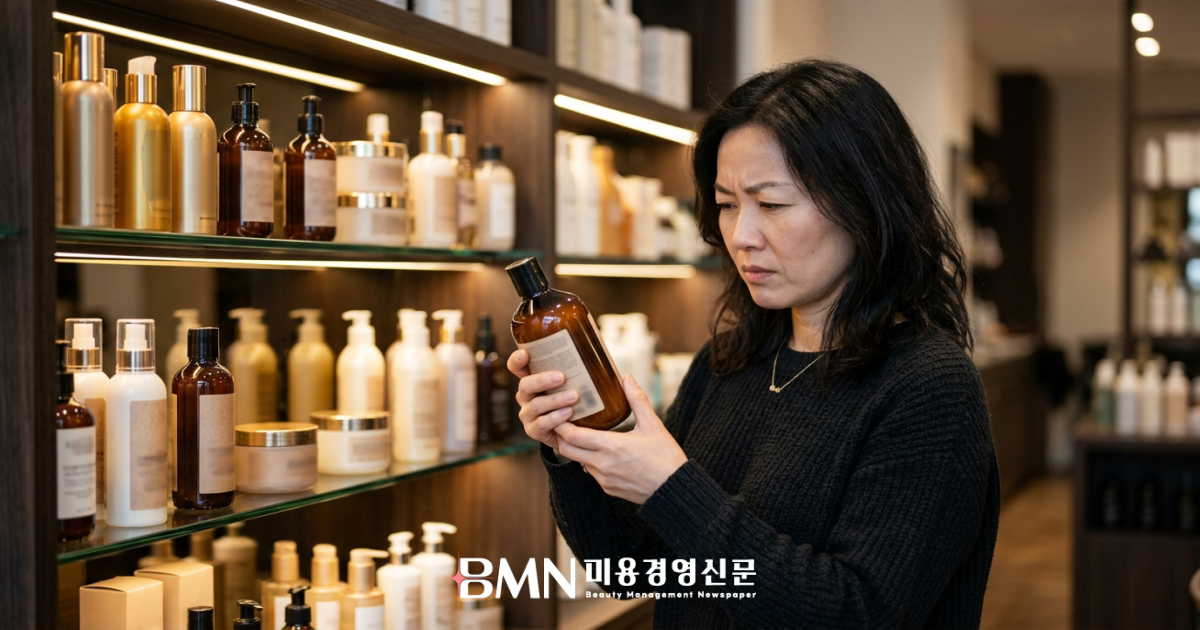 살롱 진열대에서 샴푸 성분표를 확인하는 고객