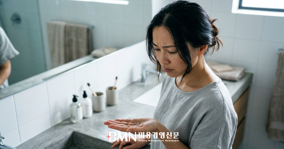 빠진 머리카락을 손에 들고 걱정스럽게 바라보는 여성