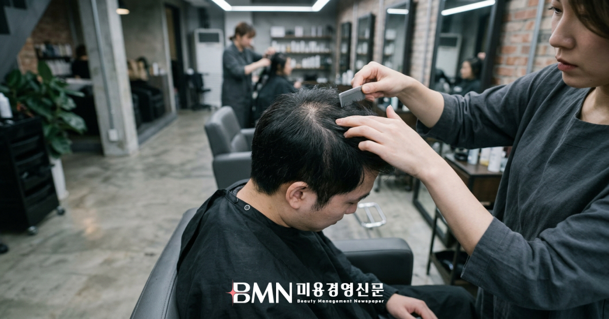 살롱에서 정수리 두피를 확인받는 20대 남성 고객