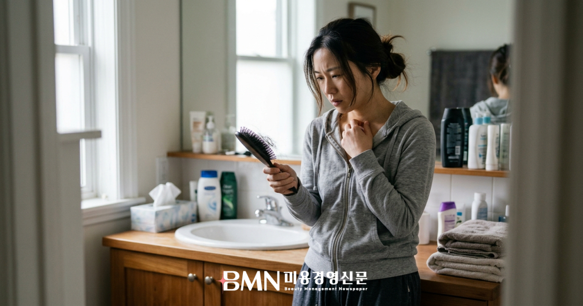 브러시에 엉킨 머리카락을 보며 걱정하는 산후 여성
