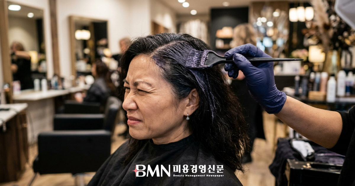 새치 염색 시술 중 두피 자극에 미간을 찌푸리는 고객