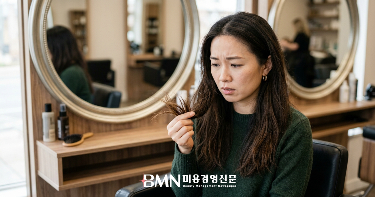 갈라진 모발 끝을 확인하며 낙담한 표정의 살롱 고객
