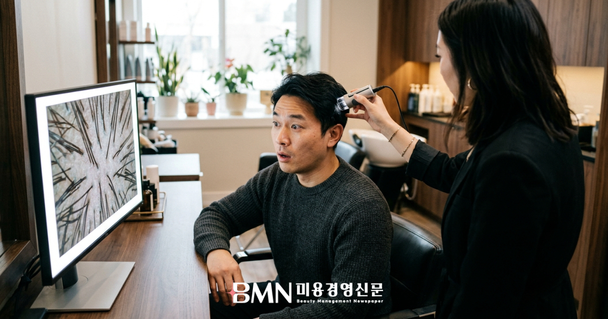 두피 측정 모니터를 확인하는 살롱 고객과 디자이너