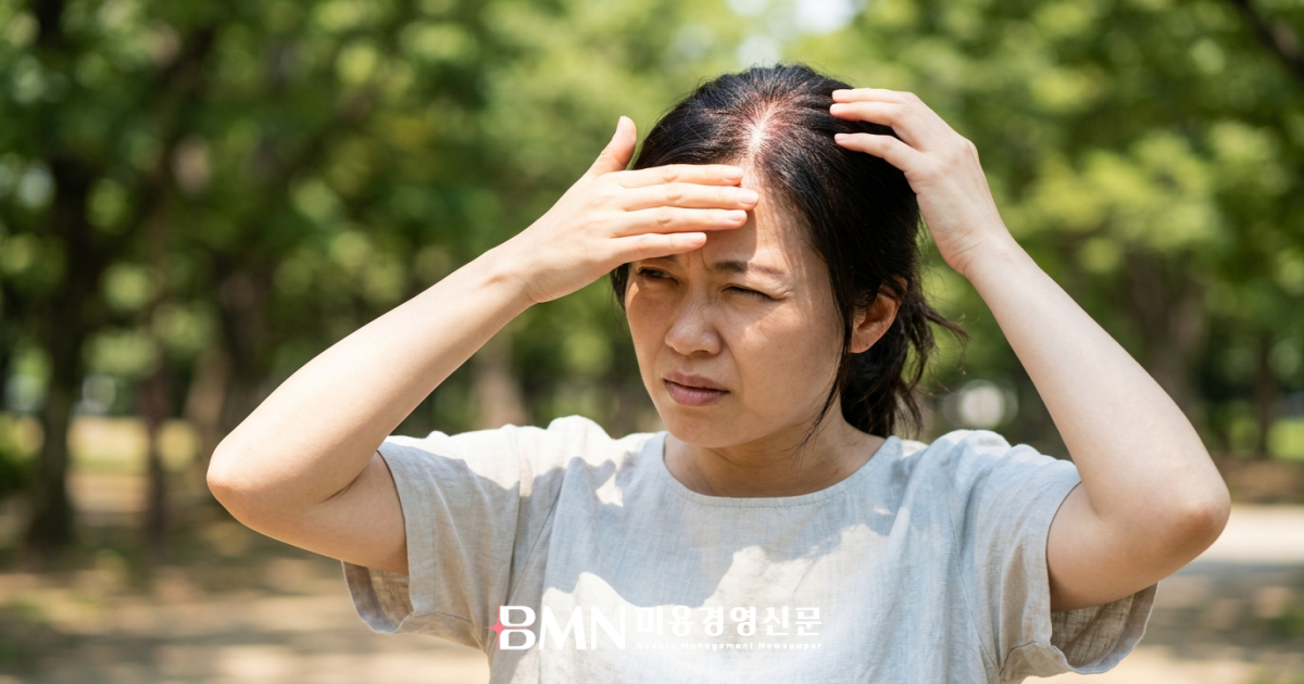 한여름 직사광선 아래에서 정수리를 손으로 가리는 여성