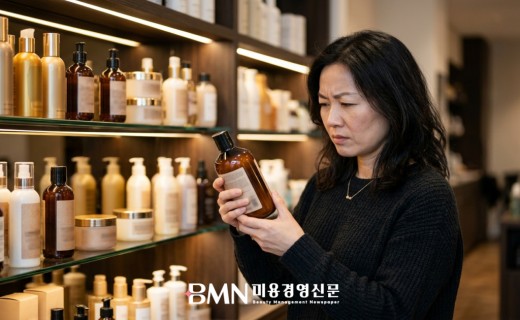살롱 진열대에서 샴푸 성분표를 확인하는 고객