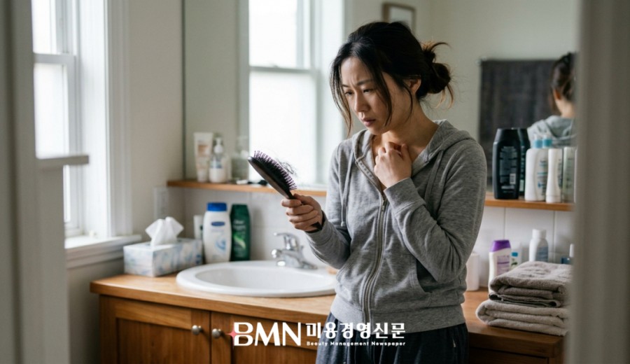 브러시에 엉킨 머리카락을 보며 걱정하는 산후 여성