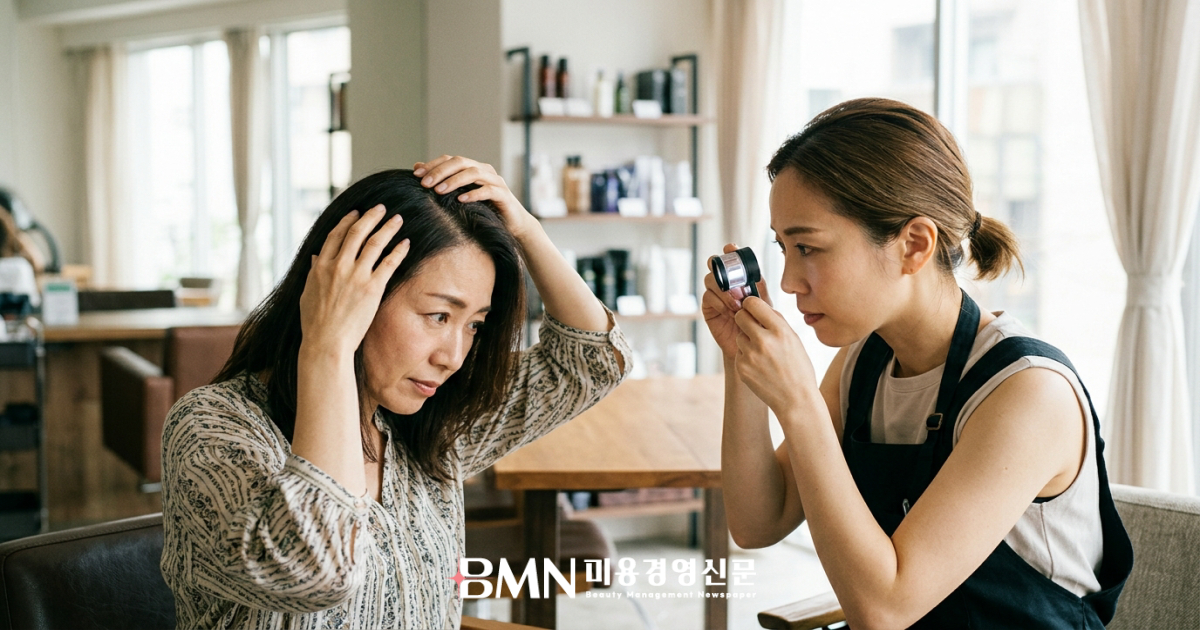 가르마를 벌려 두피 각질을 보여주는 고객과 확대경으로 살피는 디자이너