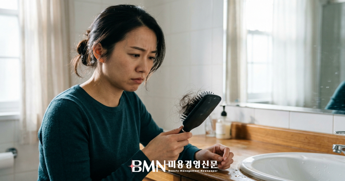 브러시에 엉킨 머리카락을 걱정스럽게 바라보는 여성