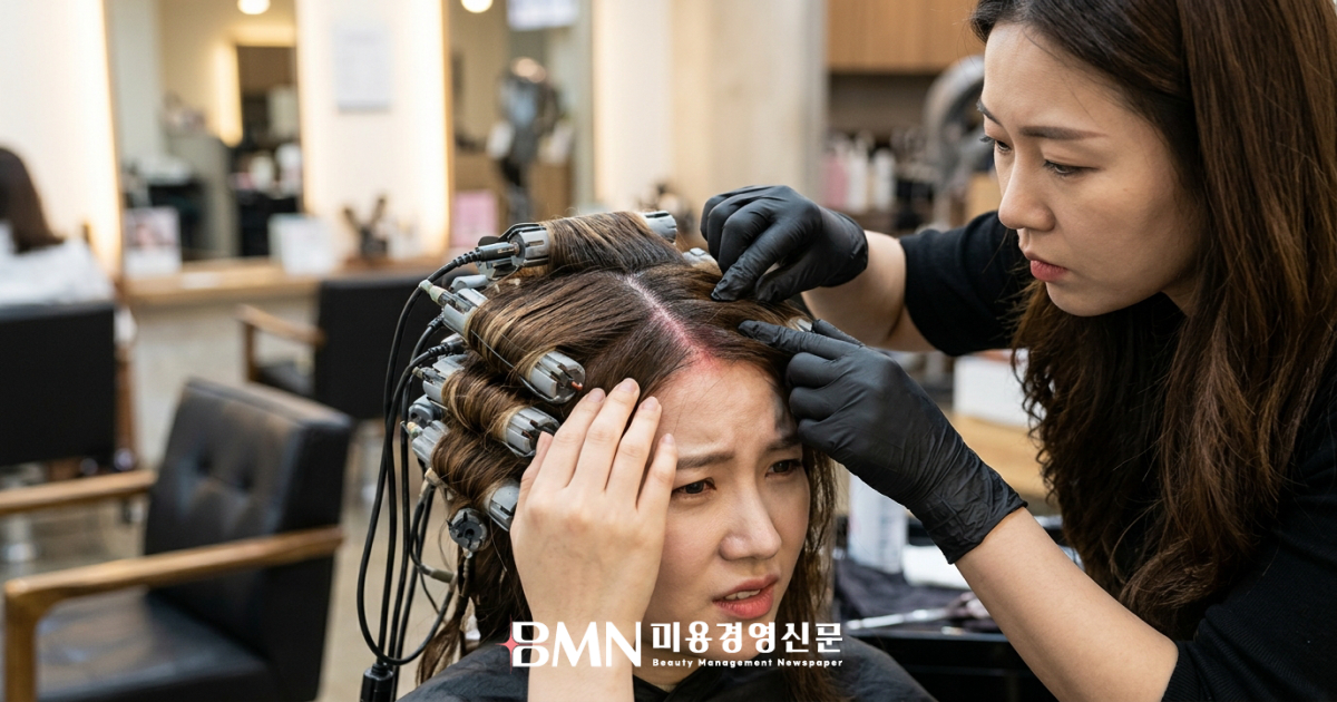 디지털펌 롯드가 감긴 상태에서 붉어진 정수리 두피를 확인하는 고객과 헤어 디자이너
