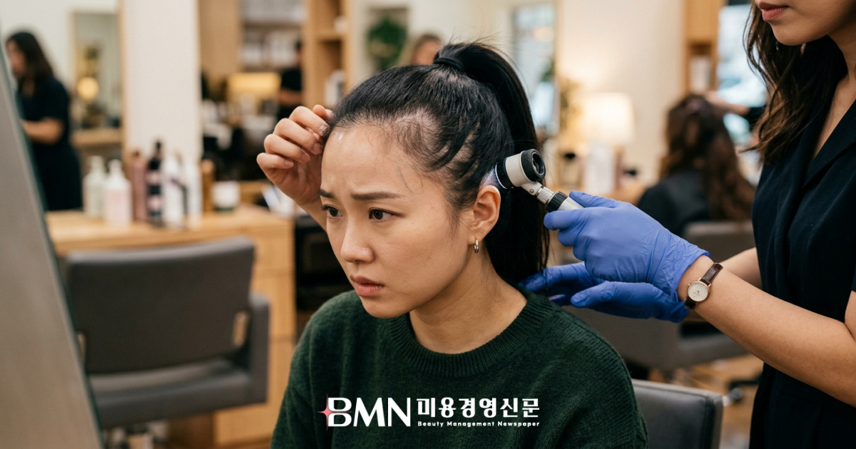 거울 앞에서 타이트하게 묶은 포니테일의 앞쪽 헤어라인을 들추며 가늘어진 모발을 걱정스럽게 확인하는 여성 고객