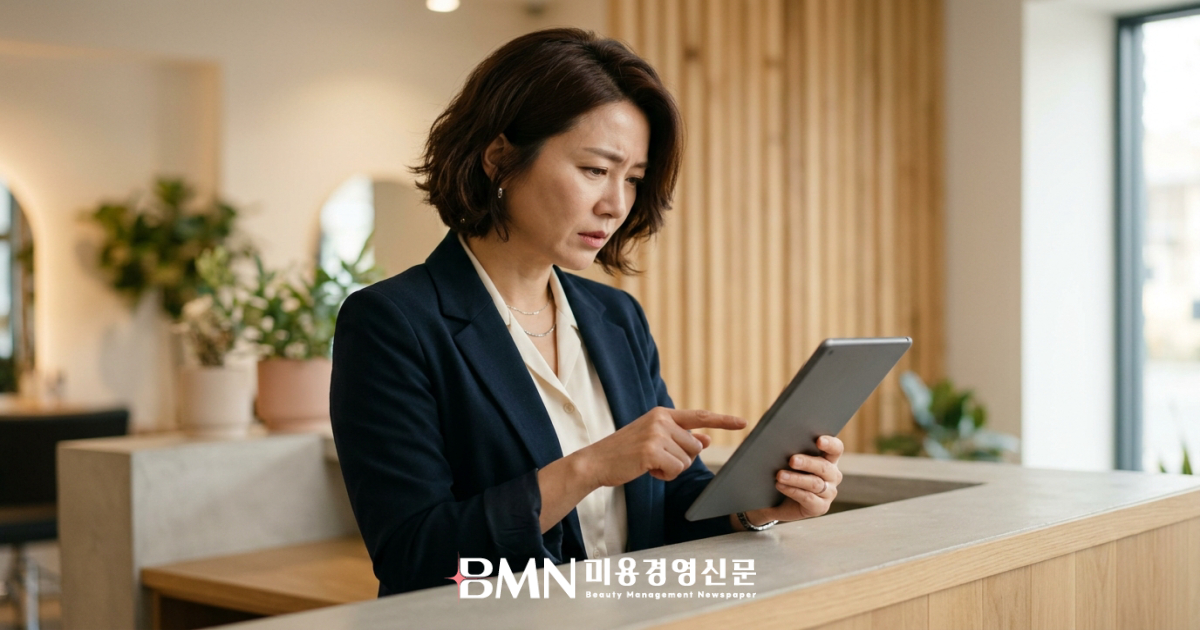 살롱 홍보 문구를 태블릿으로 점검하며 우려하는 표정의 헤어살롱 원장