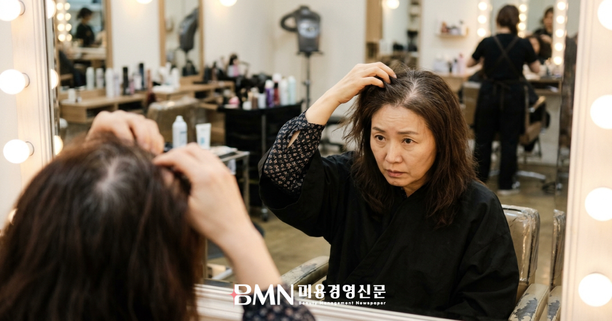 거울 앞에서 정수리 모발을 들어 올려 볼륨이 줄어든 상태를 확인하는 40대 여성 고객