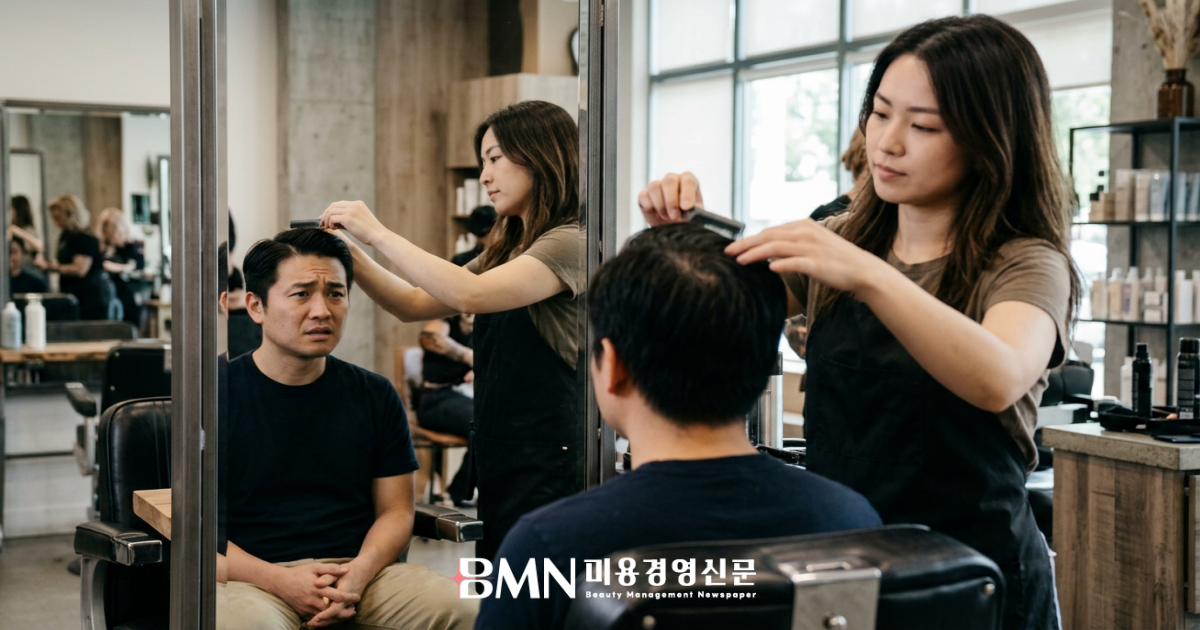커트 의자에서 정수리 두피를 확인받는 남성 고객