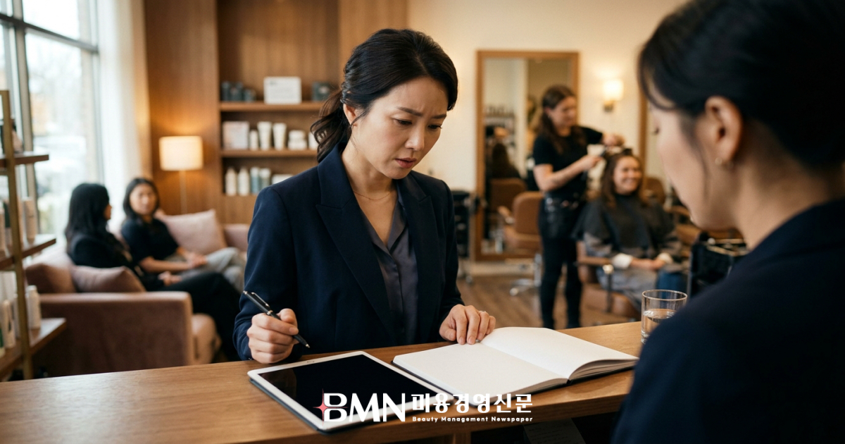 명절 연휴 직전 예약이 몰린 살롱에서 예약 일정을 조정하는 원장