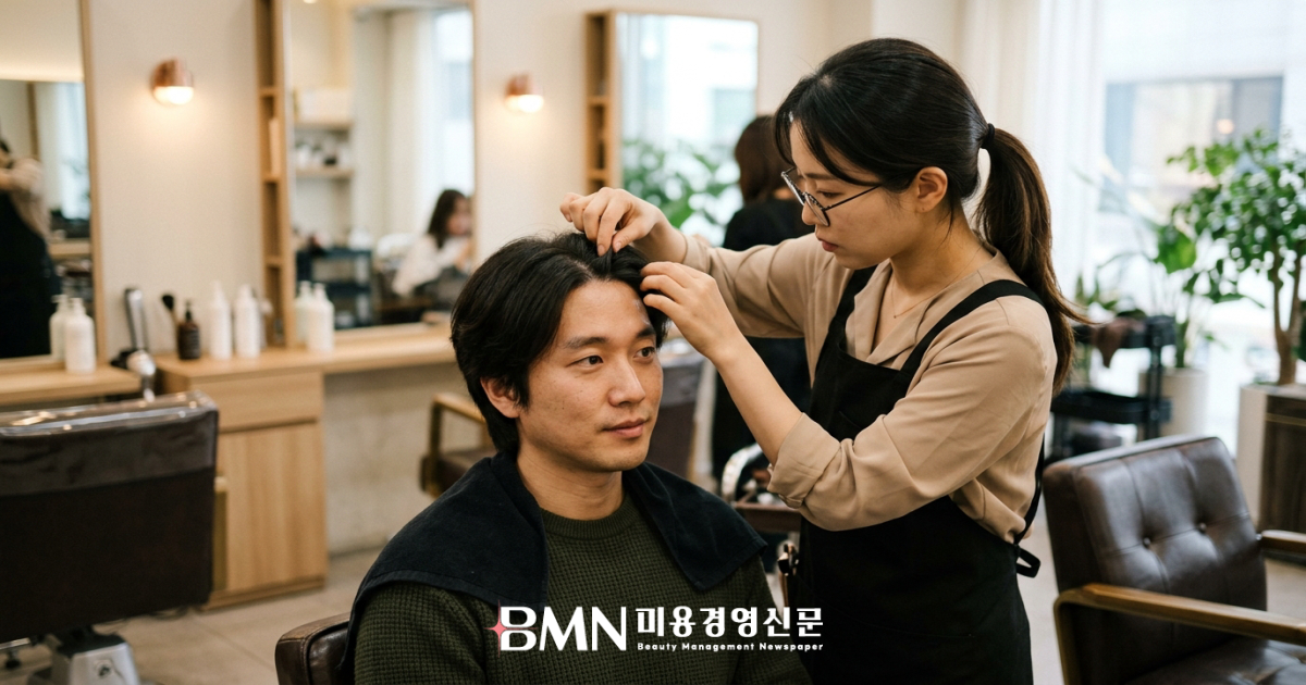 살롱 시술 의자에서 탈모 치료 중인 고객의 두피 상태를 세심하게 확인하는 헤어 디자이너