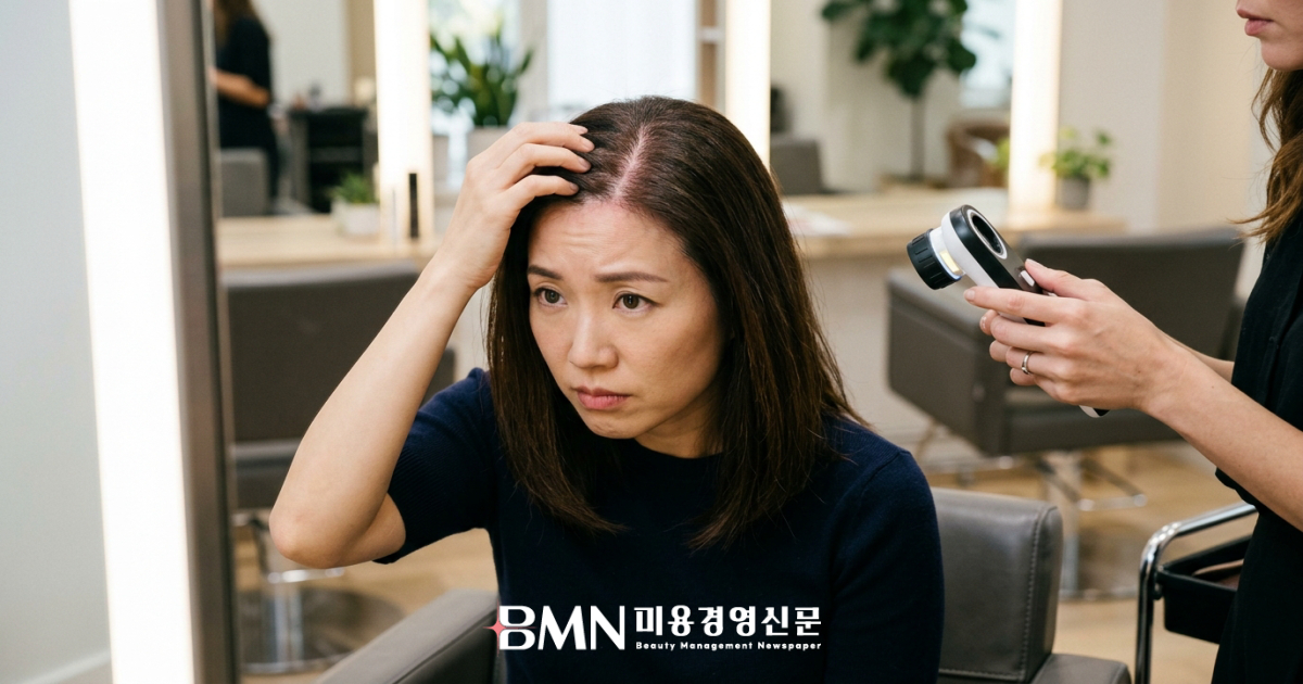 살롱 상담 중 거울 앞에서 자신의 가르마를 벌려 두피 상태를 확인하는 동양인 여성 고객