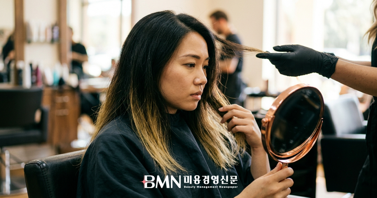 컬러가 빠진 모발 끝을 거울로 확인하는 살롱 고객