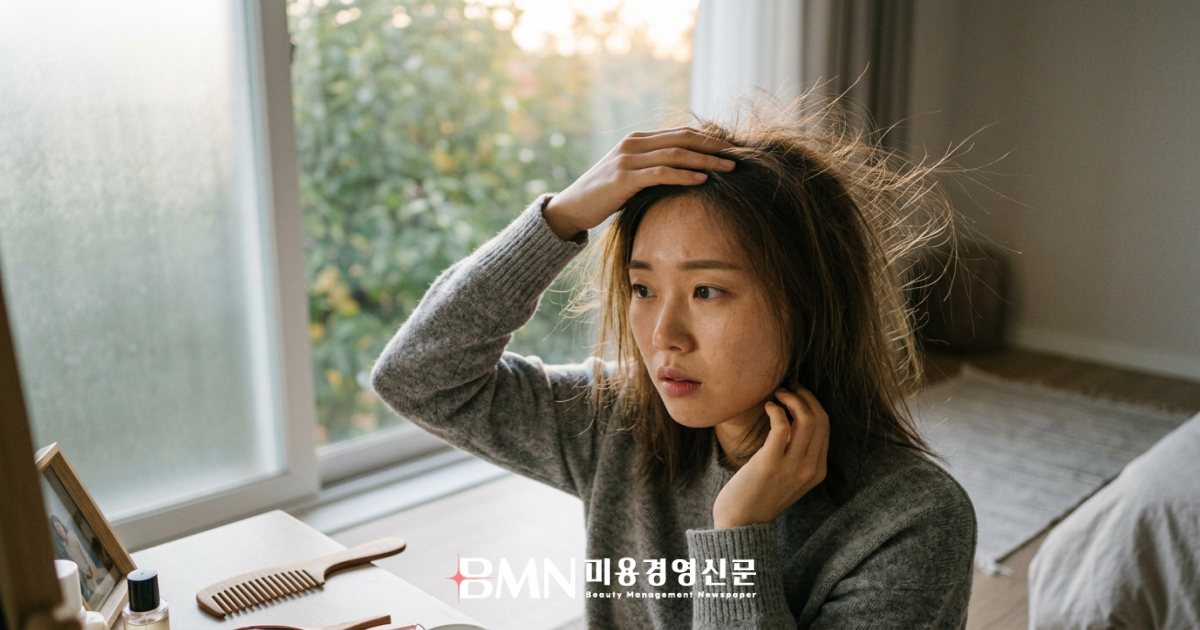환절기 건조로 정전기가 일어나 머리카락이 뻗친 모습을 보며 난감해하는 여성