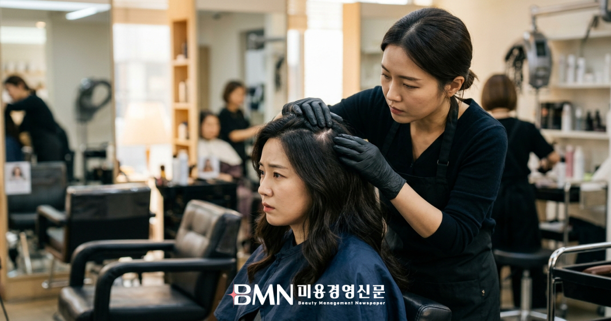 미용실에서 헤어디자이너가 고객의 두피를 살펴보고 고객이 걱정스러운 표정을 짓고 있는 모습