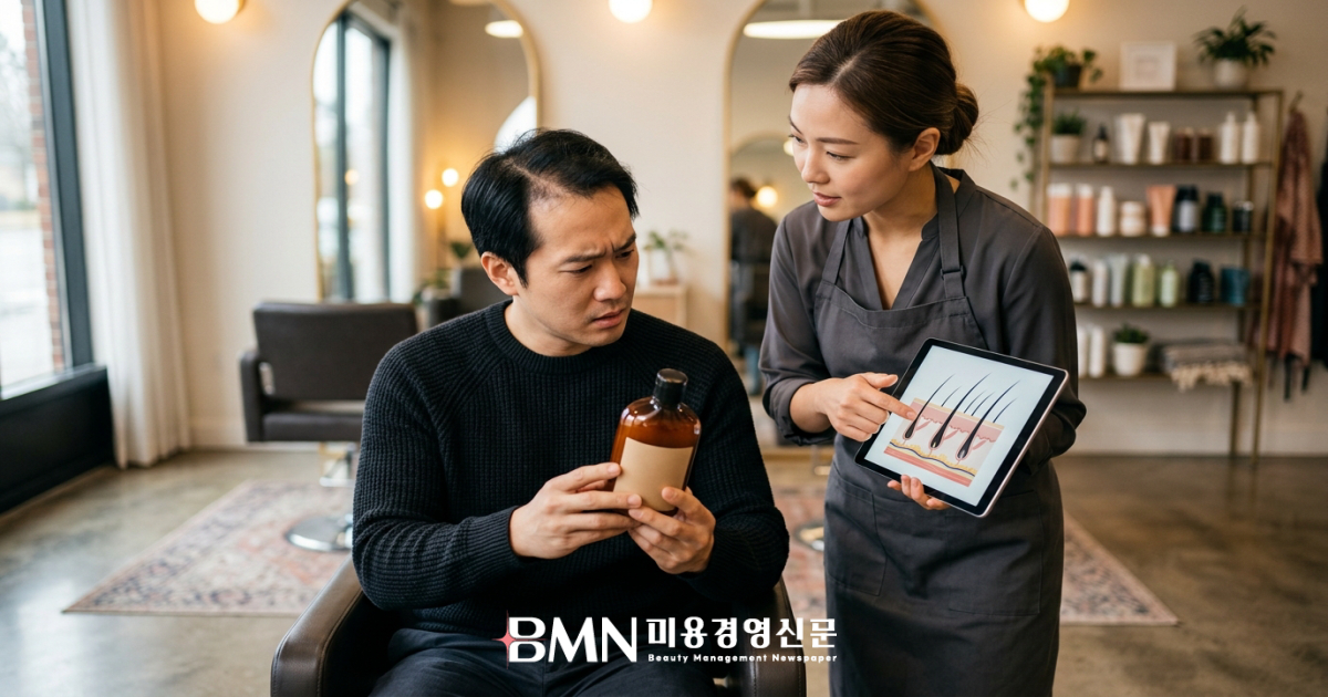 살롱에서 헤어디자이너가 고객에게 탈모샴푸 성분 표시를 설명하는 상담 장면