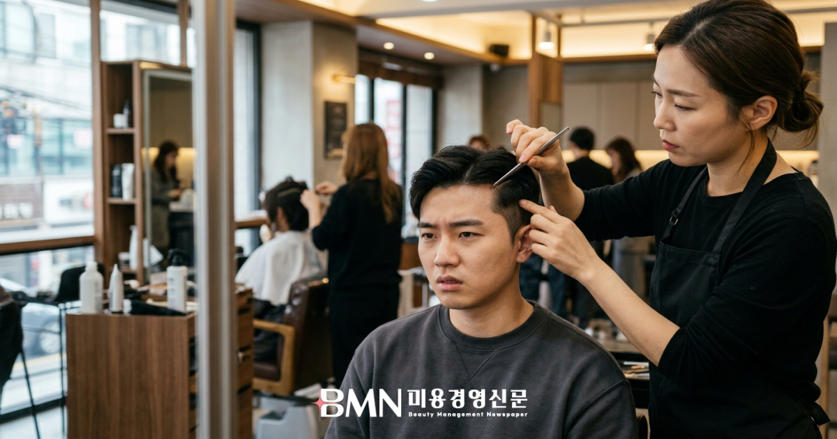 옆머리의 자란 길이를 확인받는 남성 고객과 디자이너