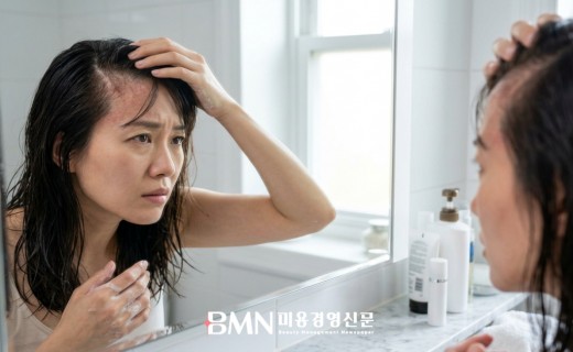 거울 앞에서 가르마를 벌려 붉어진 두피를 살펴보는 여성, 과세정으로 약해진 두피 장벽