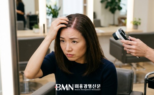 살롱 상담 중 거울 앞에서 자신의 가르마를 벌려 두피 상태를 확인하는 동양인 여성 고객
