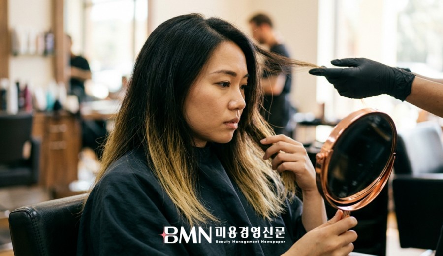 컬러가 빠진 모발 끝을 거울로 확인하는 살롱 고객