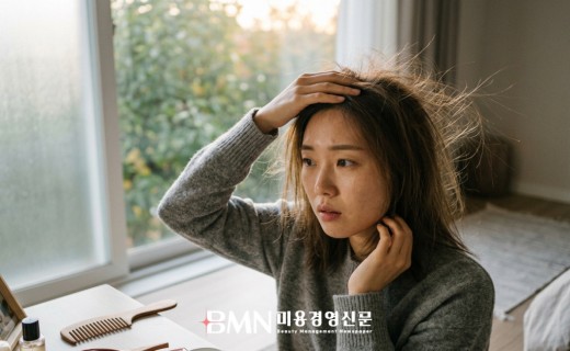 환절기 건조로 정전기가 일어나 머리카락이 뻗친 모습을 보며 난감해하는 여성