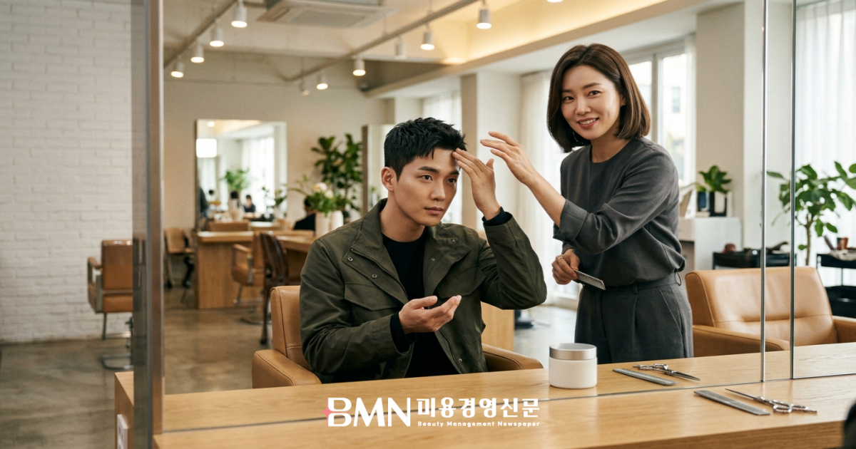스타일링 제품 사용법을 배우는 고객
