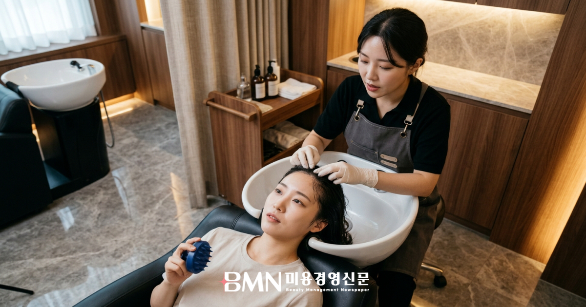 두피 상태를 살피며 샴푸 도구 사용을 상담하는 장면