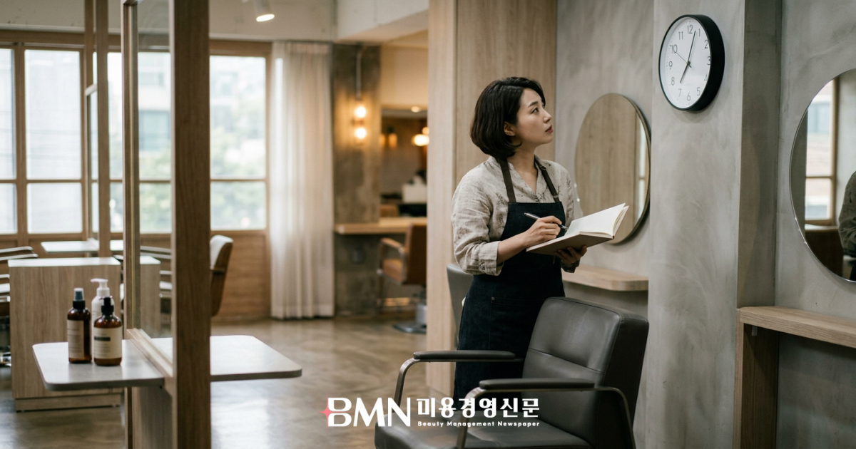 고객이 오지 않아 빈 시술 의자 옆에서 시계를 바라보는 미용실 원장