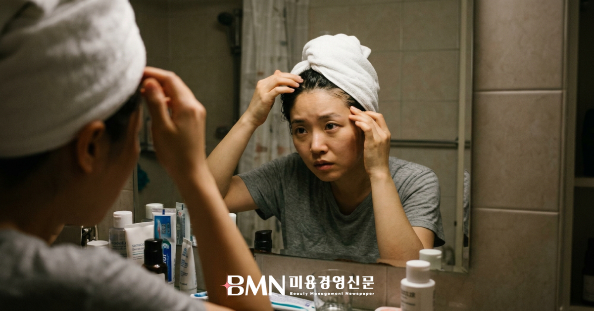 샴푸 후 두피를 살피는 고객