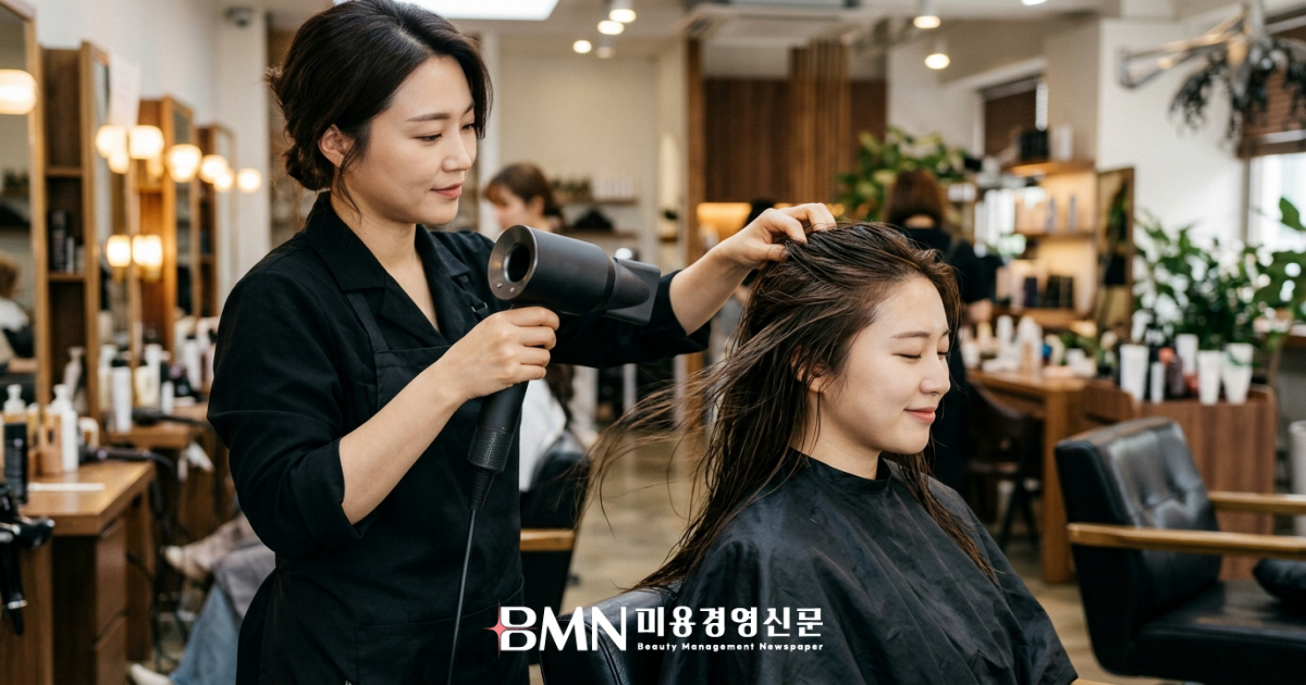 드라이어로 모발을 말리는 장면