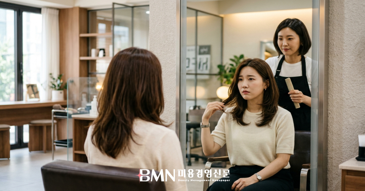 거울 앞에서 뻗친 중단발 라인을 확인하는 고객과 디자이너