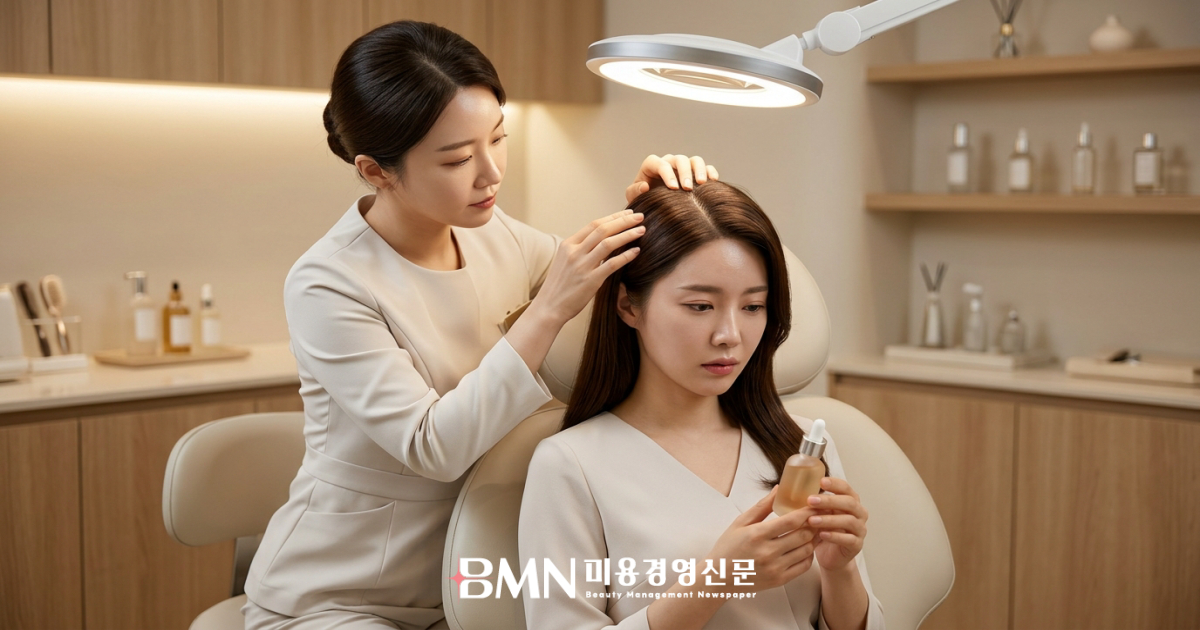 두피 상태를 확인하며 앰플 사용을 상담하는 장면