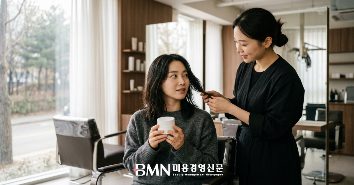 헤어팩을 들고 모발 상담을 받는 고객