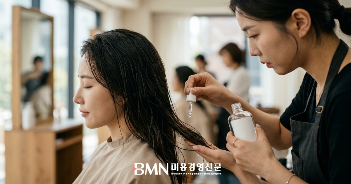 살롱에서 젖은 모발에 헤어에센스를 바르는 장면