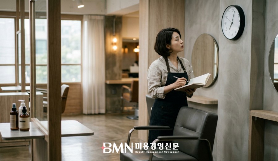 고객이 오지 않아 빈 시술 의자 옆에서 시계를 바라보는 미용실 원장