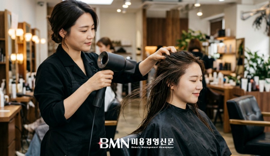 드라이어로 모발을 말리는 장면